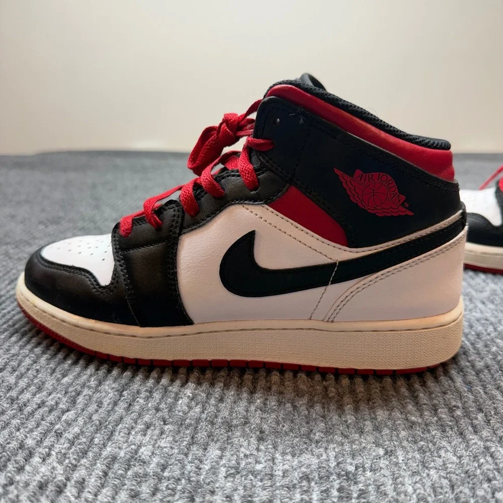 Nike Jordan 1 Mid White Black Red Sneakers Youth 6Y Retro High Top Basketball